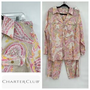 Charter Club Luxury Woman Linen Paisley Set Shirt Pants 2X 18 Pink Beige Yellow‎